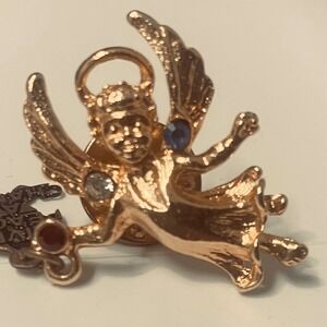 “Give Peace a Chance” Gold Tone Angel Pin With Rhinestones Charm Rare Vintage